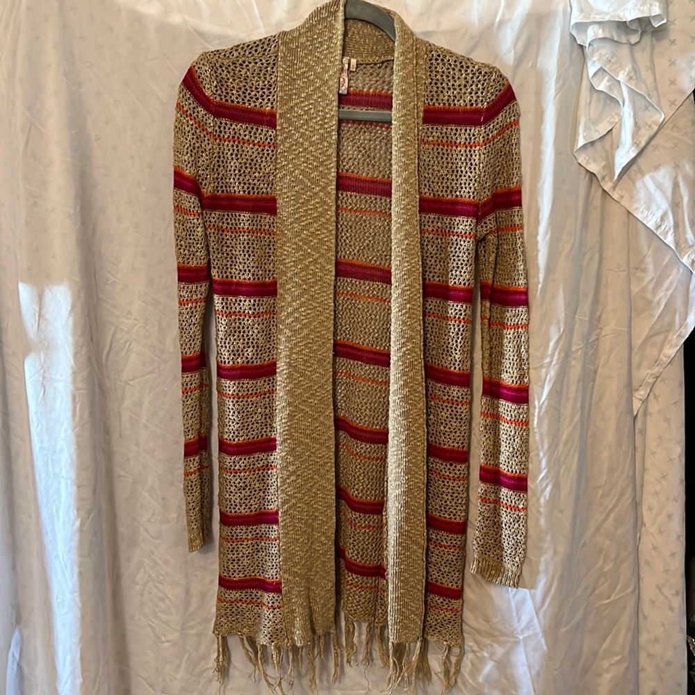 Medium Open Front Cardigan Sweater, Tan with pink and orange detail